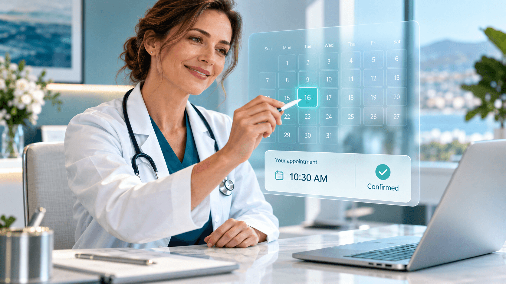 A doctor picking a date on a calendar, with the appointment confirmed